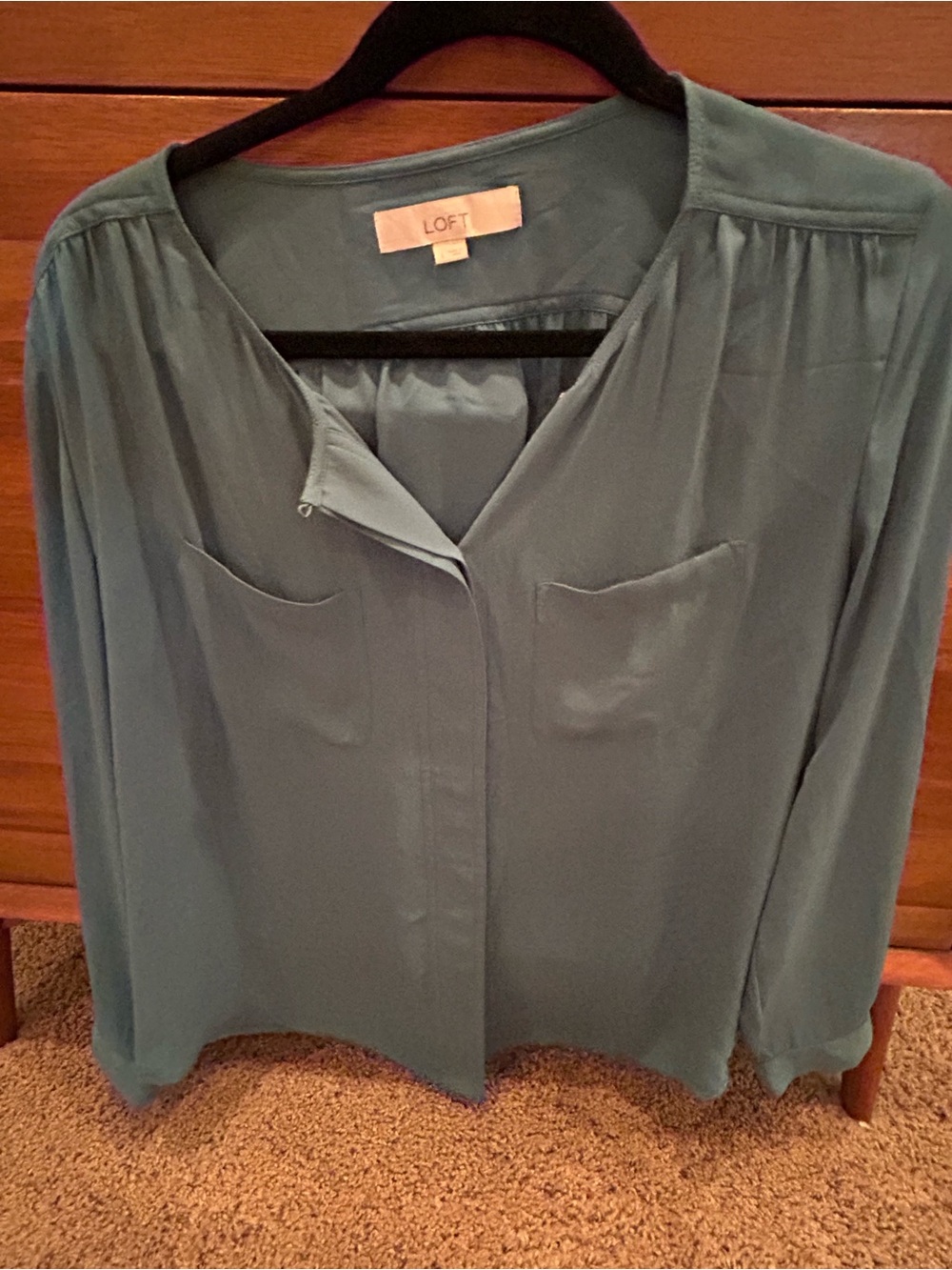LOFT muted teal button-front long sleeve blouse